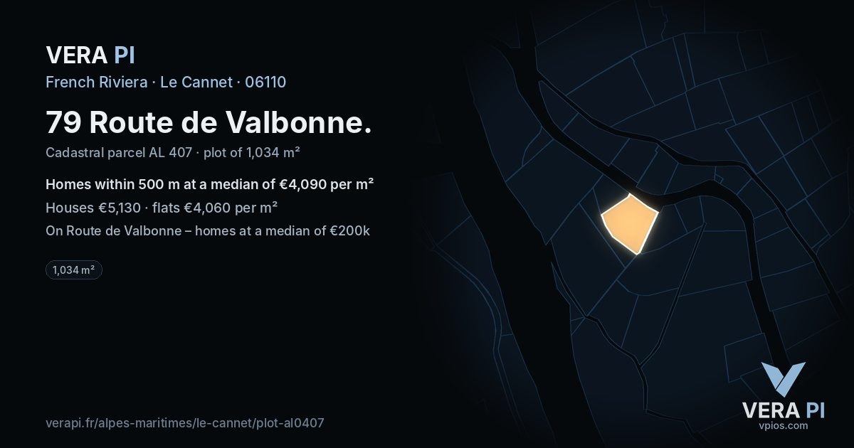 79 Route de Valbonne, Le Cannet at night – the plot lit, the parcels around coloured by the prices near them