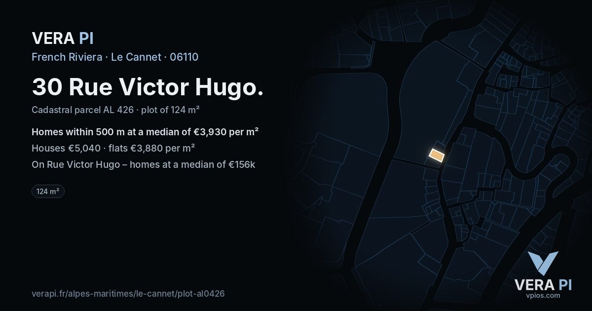30 Rue Victor Hugo, Le Cannet at night – the plot lit, the parcels around coloured by the prices near them