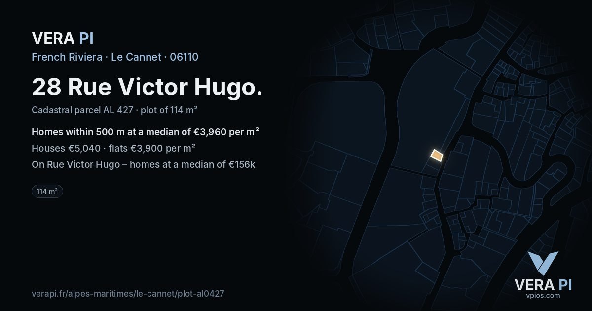 28 Rue Victor Hugo, Le Cannet at night – the plot lit, the parcels around coloured by the prices near them