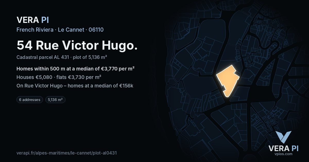 54 Rue Victor Hugo, Le Cannet at night – the plot lit, the parcels around coloured by the prices near them