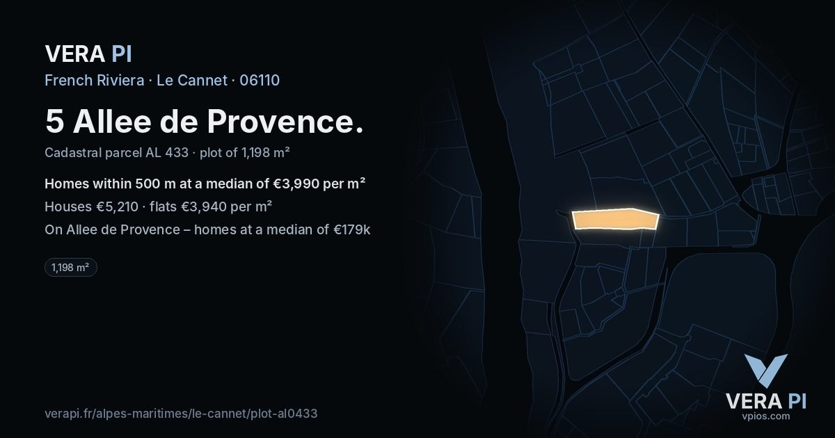 5 Allee de Provence, Le Cannet at night – the plot lit, the parcels around coloured by the prices near them