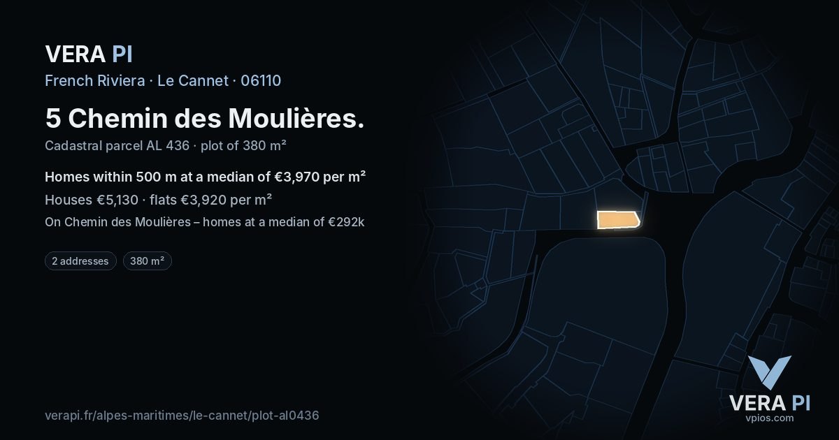 5 Chemin des Moulières, Le Cannet at night – the plot lit, the parcels around coloured by the prices near them