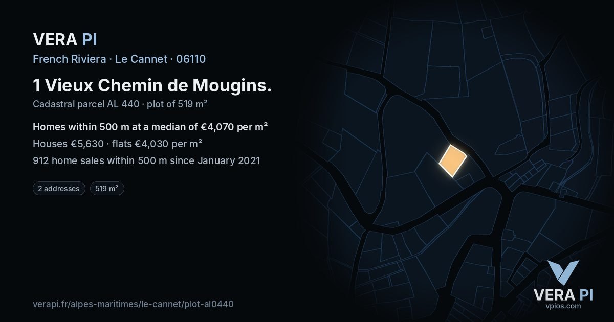 1 Vieux Chemin de Mougins, Le Cannet at night – the plot lit, the parcels around coloured by the prices near them