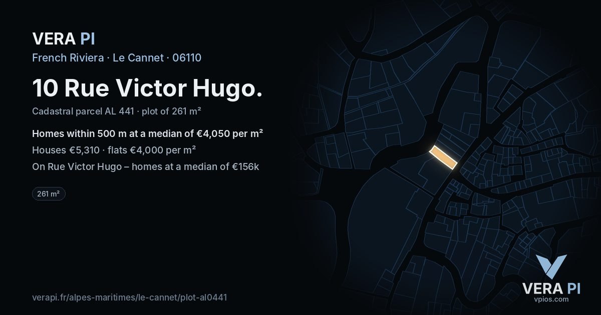 10 Rue Victor Hugo, Le Cannet at night – the plot lit, the parcels around coloured by the prices near them