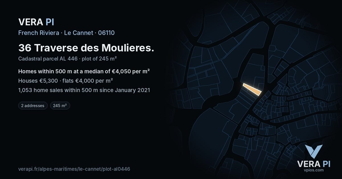 36 Traverse des Moulieres, Le Cannet at night – the plot lit, the parcels around coloured by the prices near them