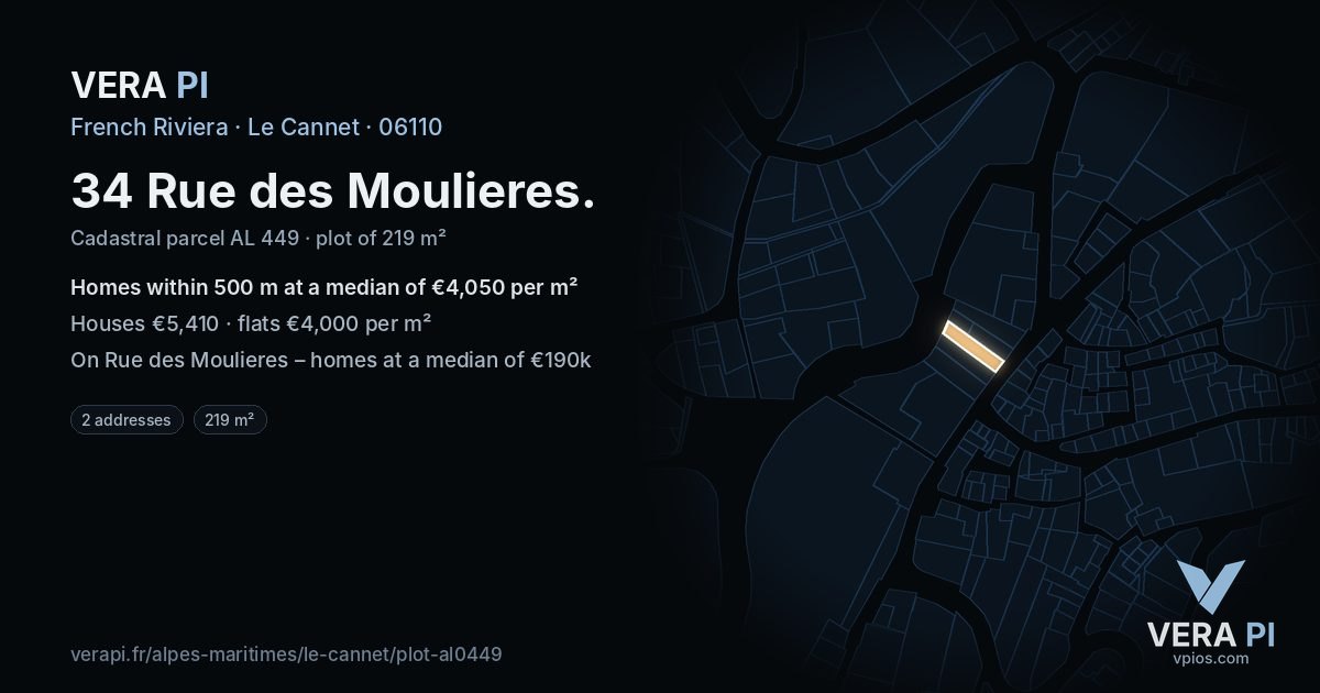 34 Rue des Moulieres, Le Cannet at night – the plot lit, the parcels around coloured by the prices near them