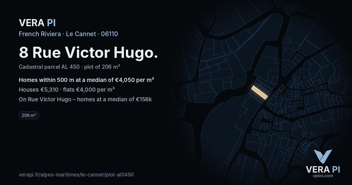 8 Rue Victor Hugo, Le Cannet at night – the plot lit, the parcels around coloured by the prices near them