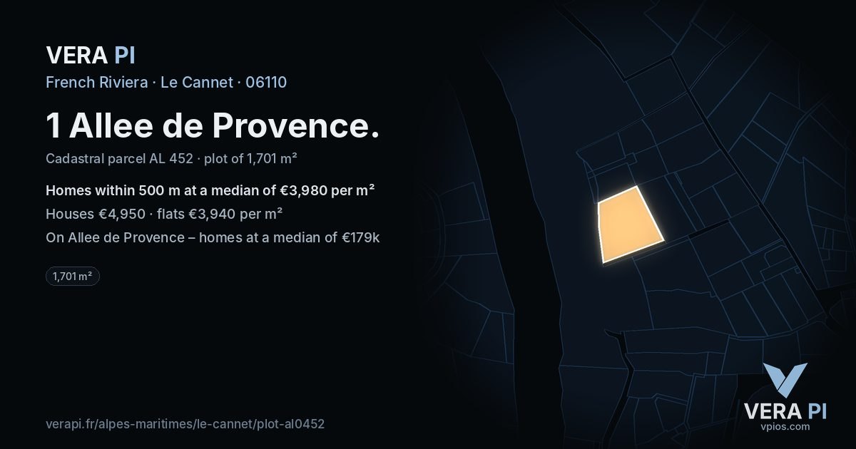 1 Allee de Provence, Le Cannet at night – the plot lit, the parcels around coloured by the prices near them