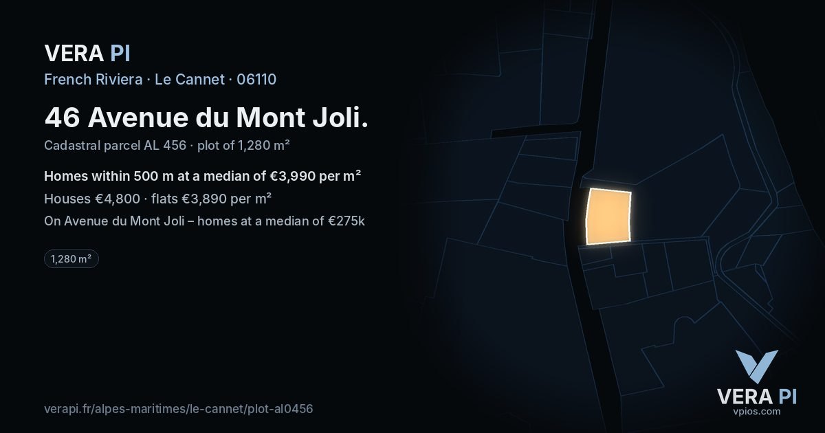 46 Avenue du Mont Joli, Le Cannet at night – the plot lit, the parcels around coloured by the prices near them