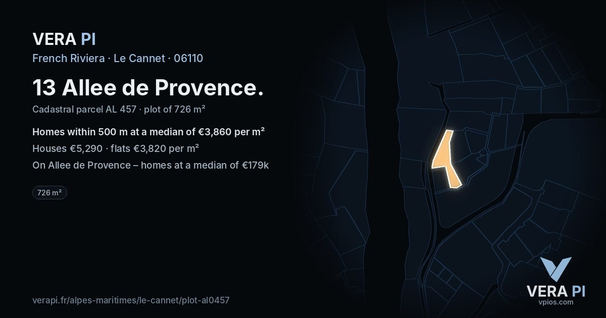 13 Allee de Provence, Le Cannet at night – the plot lit, the parcels around coloured by the prices near them