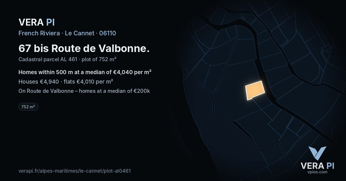 67 bis Route de Valbonne, Le Cannet at night – the plot lit, the parcels around coloured by the prices near them