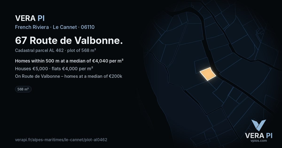 67 Route de Valbonne, Le Cannet at night – the plot lit, the parcels around coloured by the prices near them