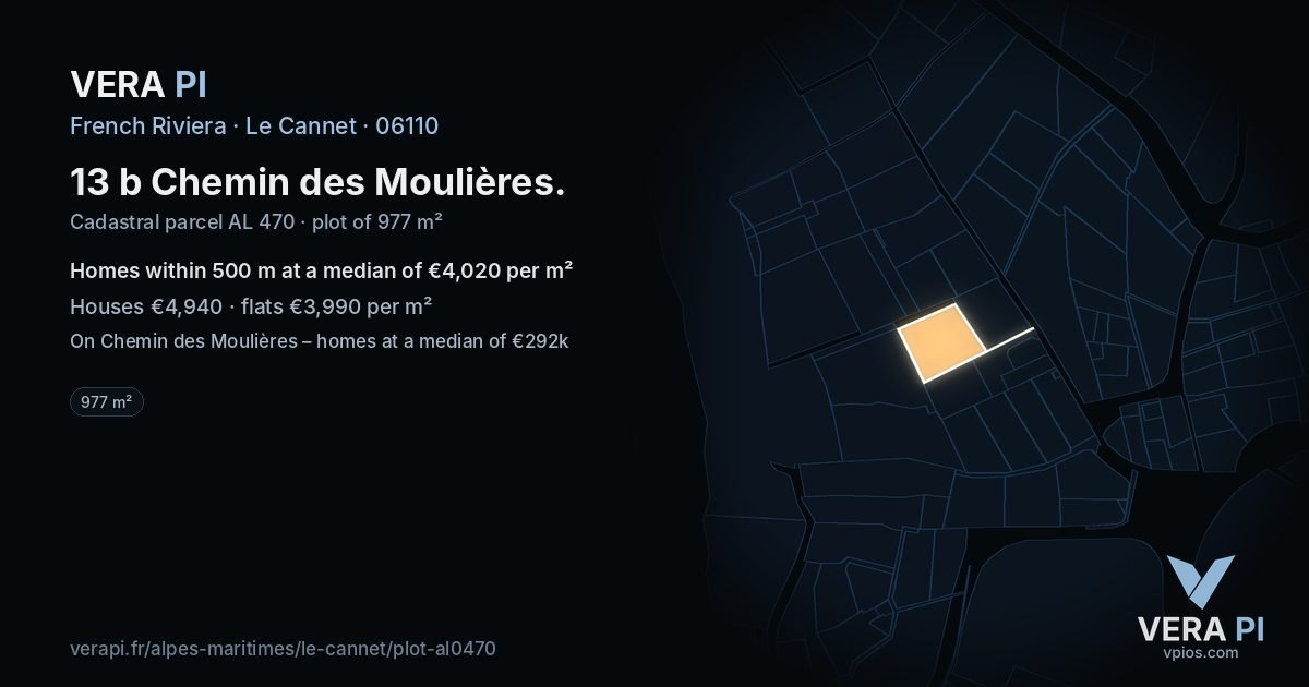 13 b Chemin des Moulières, Le Cannet at night – the plot lit, the parcels around coloured by the prices near them