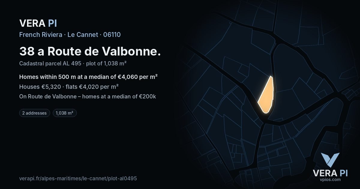 38 a Route de Valbonne, Le Cannet at night – the plot lit, the parcels around coloured by the prices near them
