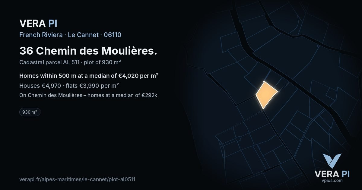 36 Chemin des Moulières, Le Cannet at night – the plot lit, the parcels around coloured by the prices near them