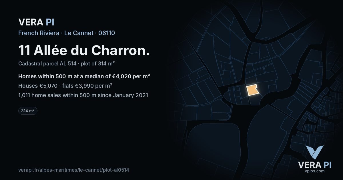 11 Allée du Charron, Le Cannet at night – the plot lit, the parcels around coloured by the prices near them