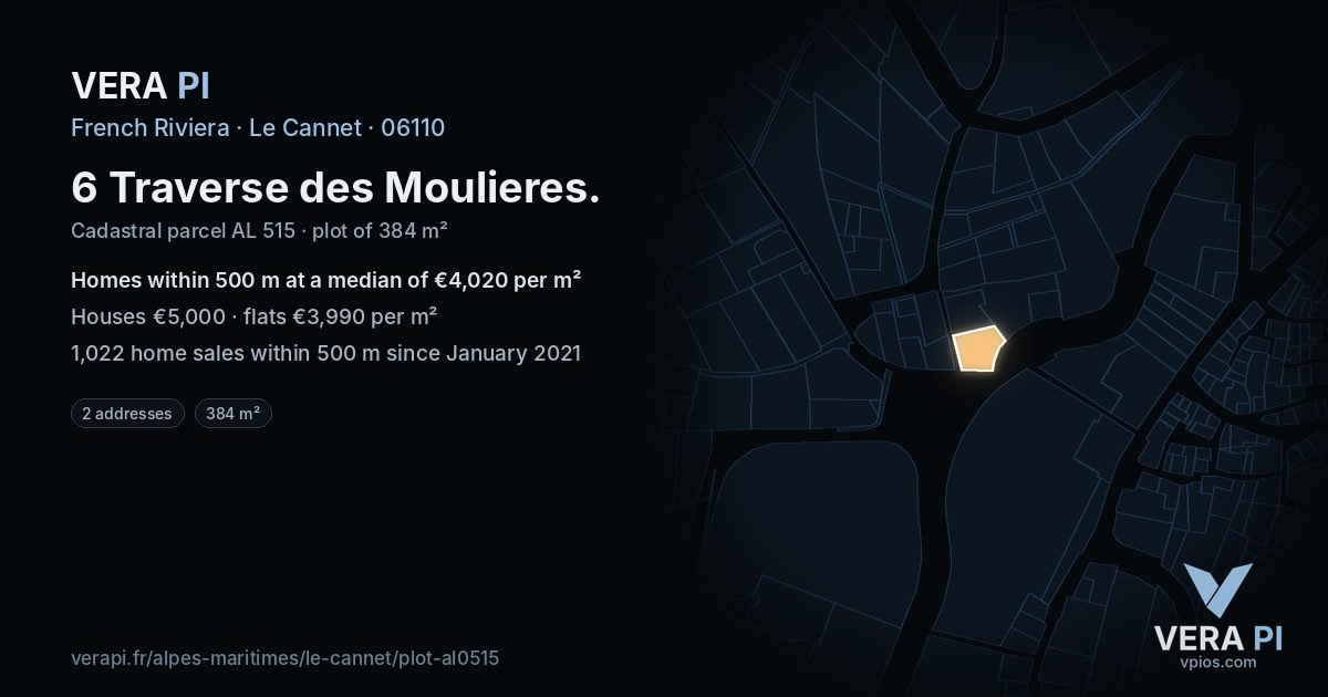 6 Traverse des Moulieres, Le Cannet at night – the plot lit, the parcels around coloured by the prices near them