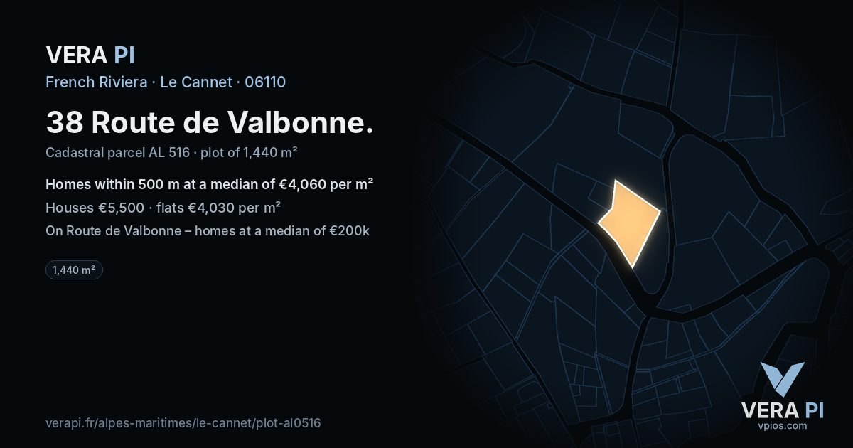 38 Route de Valbonne, Le Cannet at night – the plot lit, the parcels around coloured by the prices near them