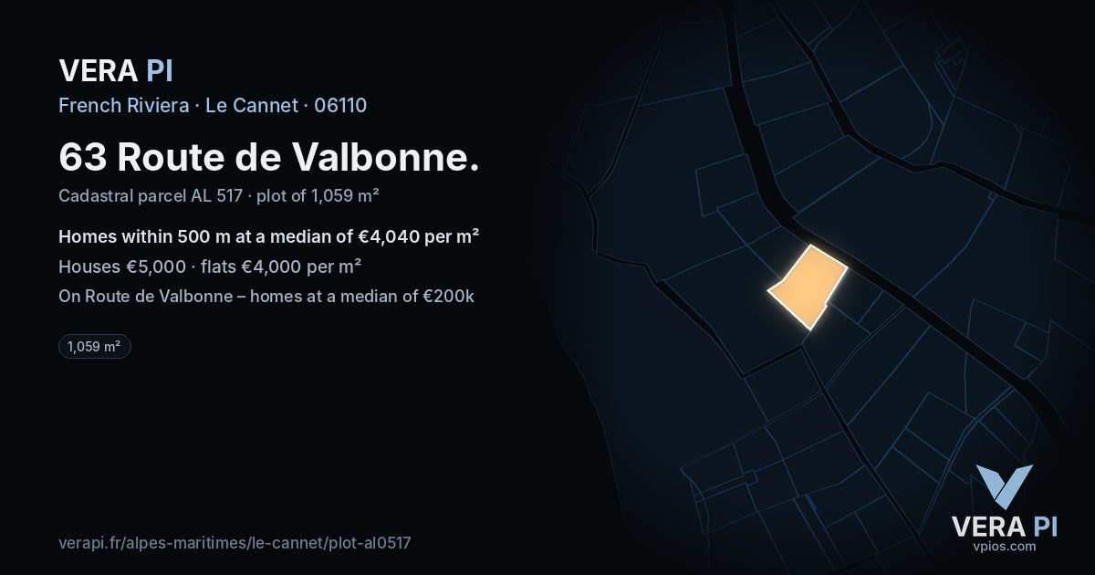 63 Route de Valbonne, Le Cannet at night – the plot lit, the parcels around coloured by the prices near them