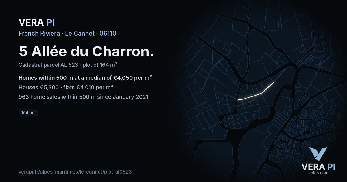 5 Allée du Charron, Le Cannet at night – the plot lit, the parcels around coloured by the prices near them