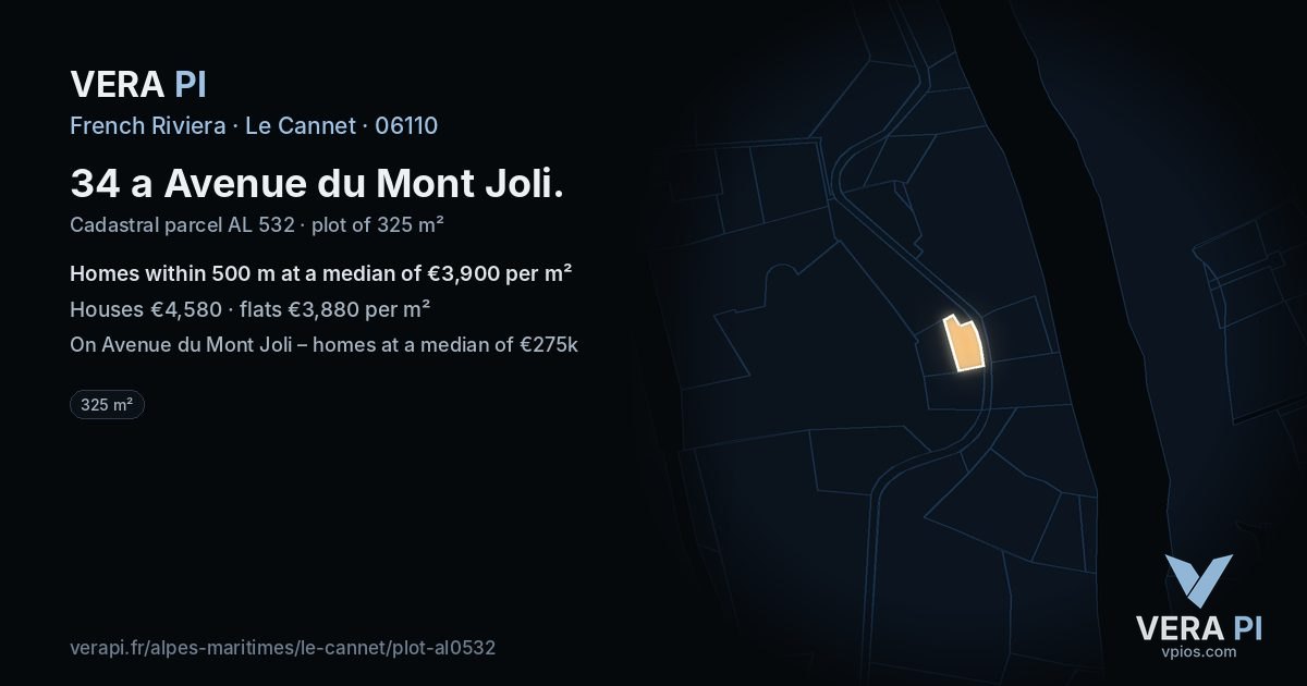 34 a Avenue du Mont Joli, Le Cannet at night – the plot lit, the parcels around coloured by the prices near them