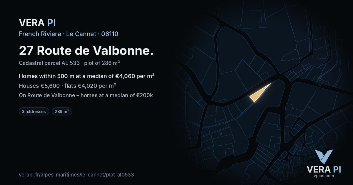 27 Route de Valbonne, Le Cannet at night – the plot lit, the parcels around coloured by the prices near them