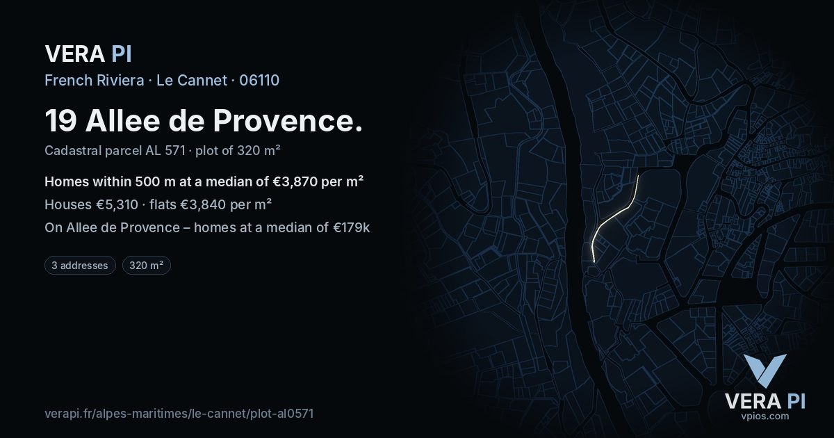 19 Allee de Provence, Le Cannet at night – the plot lit, the parcels around coloured by the prices near them
