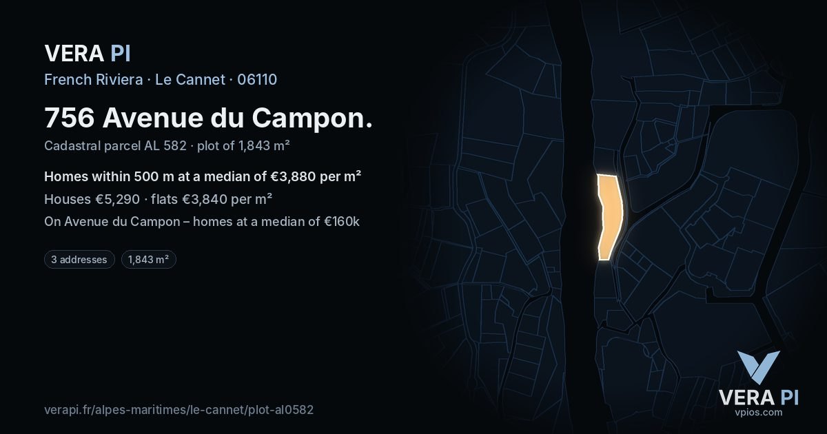 756 Avenue du Campon, Le Cannet at night – the plot lit, the parcels around coloured by the prices near them