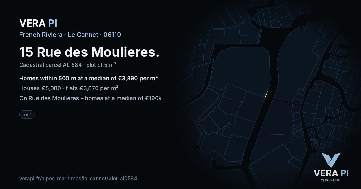 15 Rue des Moulieres, Le Cannet at night – the plot lit, the parcels around coloured by the prices near them