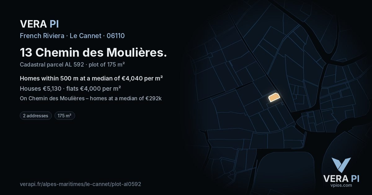 13 Chemin des Moulières, Le Cannet at night – the plot lit, the parcels around coloured by the prices near them