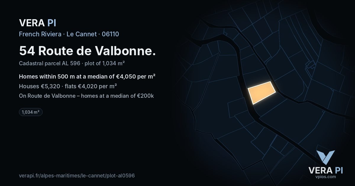 54 Route de Valbonne, Le Cannet at night – the plot lit, the parcels around coloured by the prices near them
