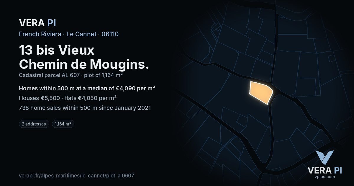 13 bis Vieux Chemin de Mougins, Le Cannet at night – the plot lit, the parcels around coloured by the prices near them