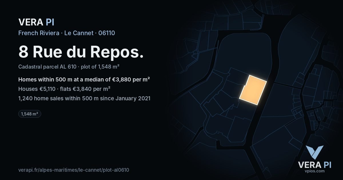 8 Rue du Repos, Le Cannet at night – the plot lit, the parcels around coloured by the prices near them
