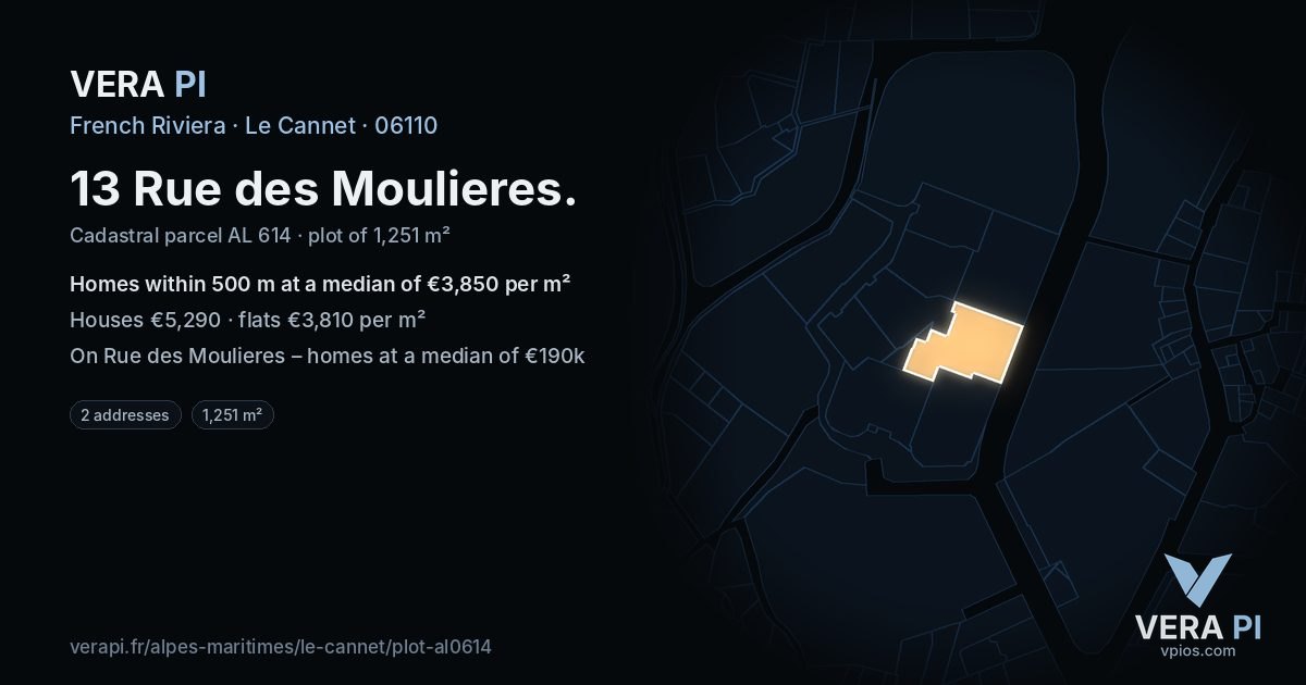 13 Rue des Moulieres, Le Cannet at night – the plot lit, the parcels around coloured by the prices near them