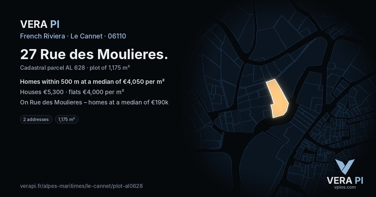 27 Rue des Moulieres, Le Cannet at night – the plot lit, the parcels around coloured by the prices near them