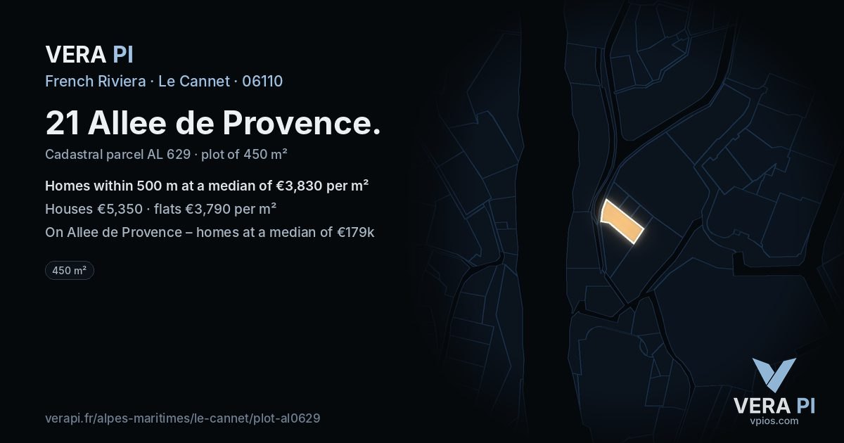 21 Allee de Provence, Le Cannet at night – the plot lit, the parcels around coloured by the prices near them