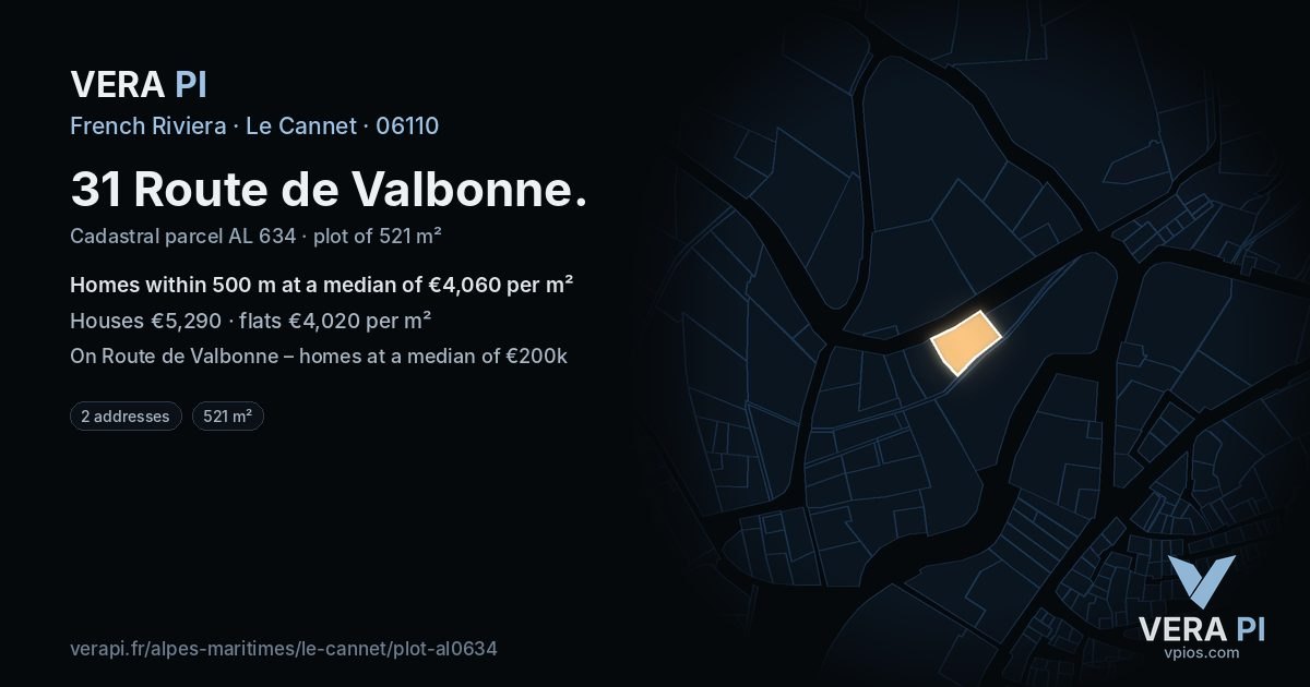 31 Route de Valbonne, Le Cannet at night – the plot lit, the parcels around coloured by the prices near them