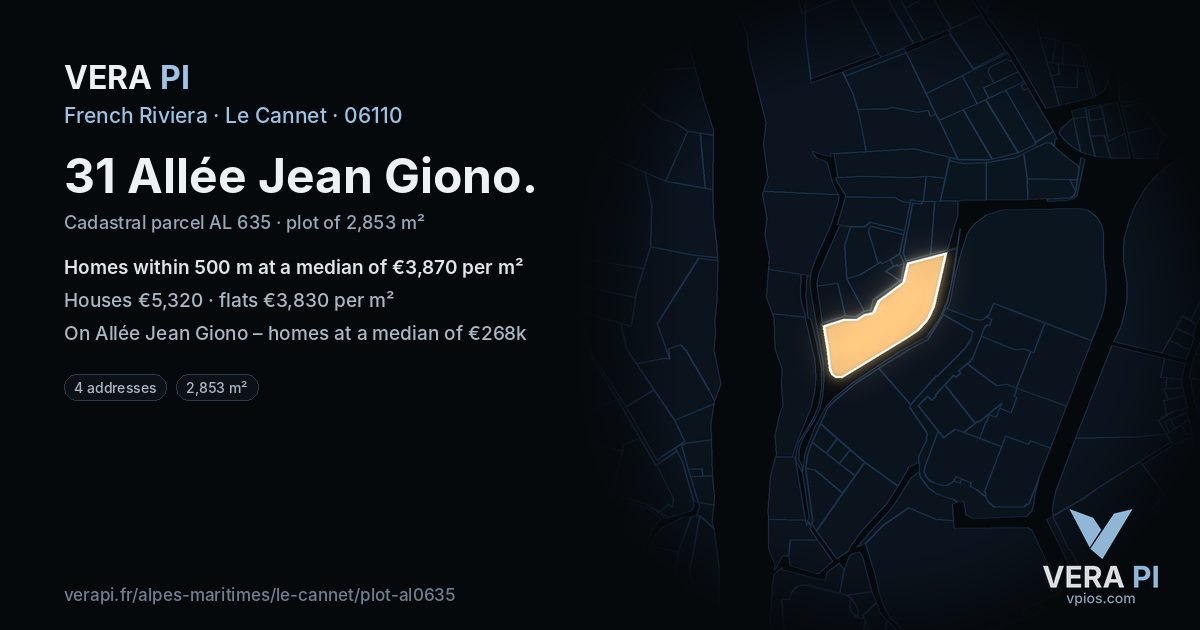 31 Allée Jean Giono, Le Cannet at night – the plot lit, the parcels around coloured by the prices near them