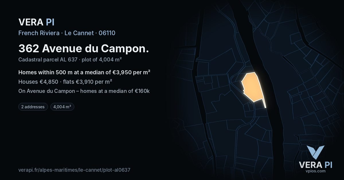 362 Avenue du Campon, Le Cannet at night – the plot lit, the parcels around coloured by the prices near them