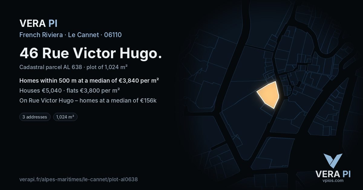 46 Rue Victor Hugo, Le Cannet at night – the plot lit, the parcels around coloured by the prices near them
