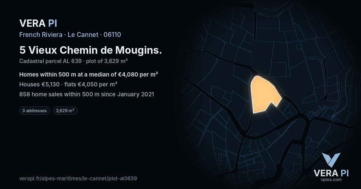 5 Vieux Chemin de Mougins, Le Cannet at night – the plot lit, the parcels around coloured by the prices near them