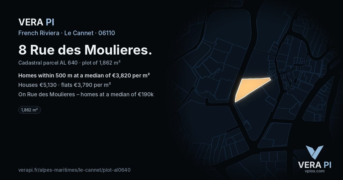 8 Rue des Moulieres, Le Cannet at night – the plot lit, the parcels around coloured by the prices near them