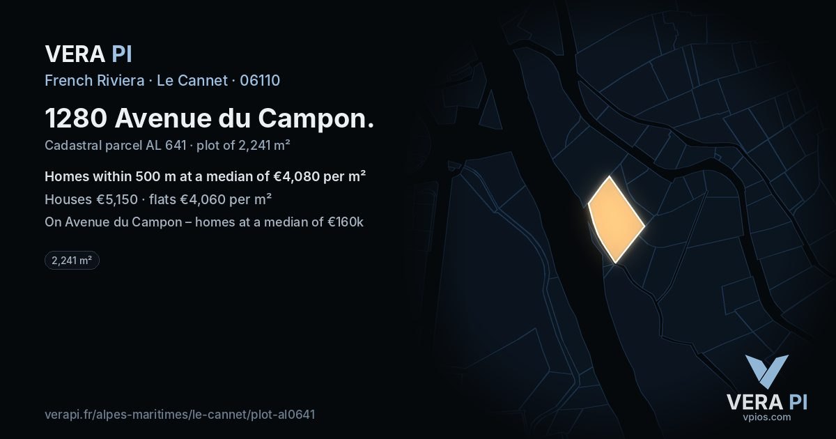 1280 Avenue du Campon, Le Cannet at night – the plot lit, the parcels around coloured by the prices near them