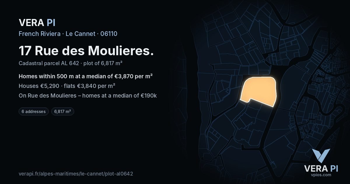 17 Rue des Moulieres, Le Cannet at night – the plot lit, the parcels around coloured by the prices near them