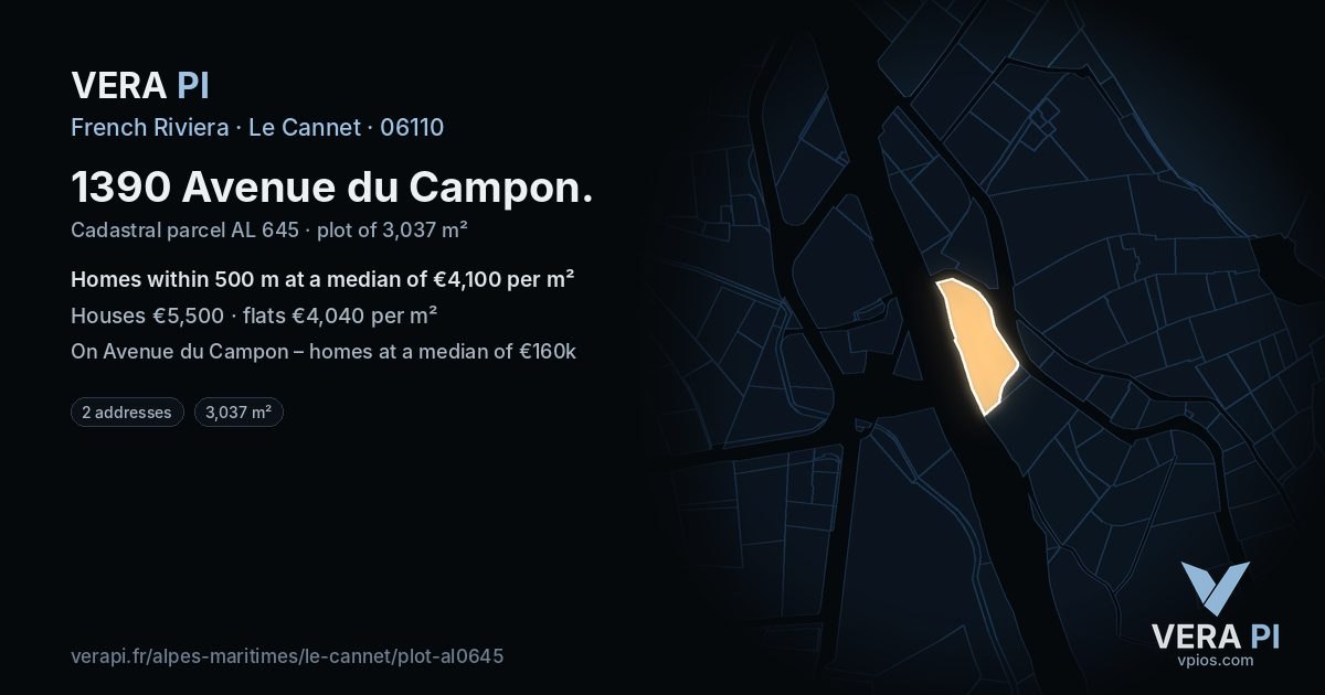 1390 Avenue du Campon, Le Cannet at night – the plot lit, the parcels around coloured by the prices near them
