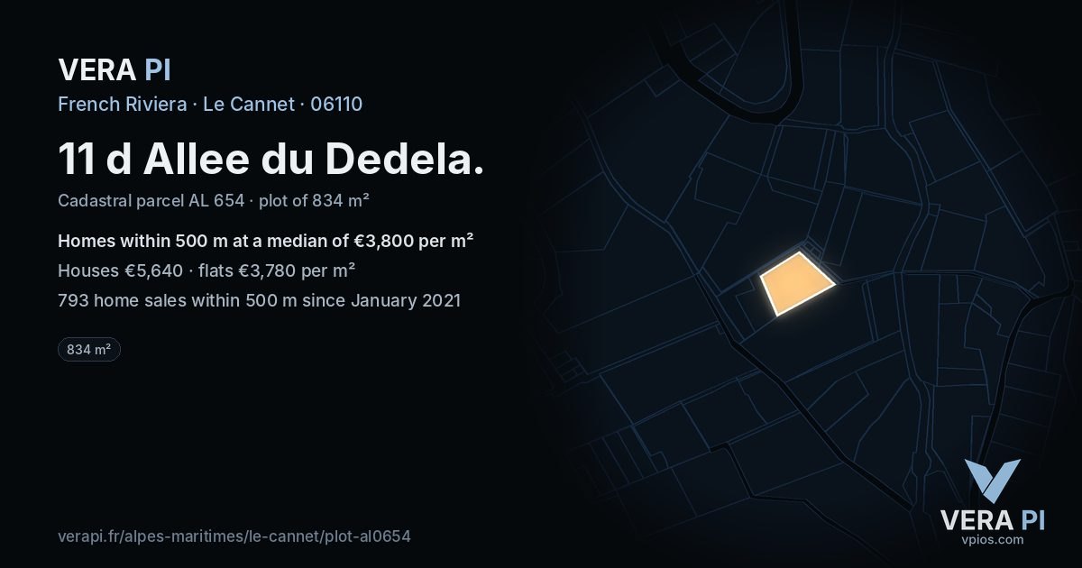 11 d Allee du Dedela, Le Cannet at night – the plot lit, the parcels around coloured by the prices near them