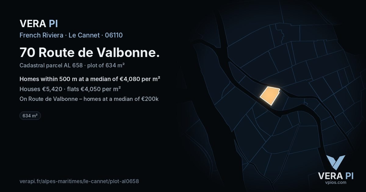70 Route de Valbonne, Le Cannet at night – the plot lit, the parcels around coloured by the prices near them