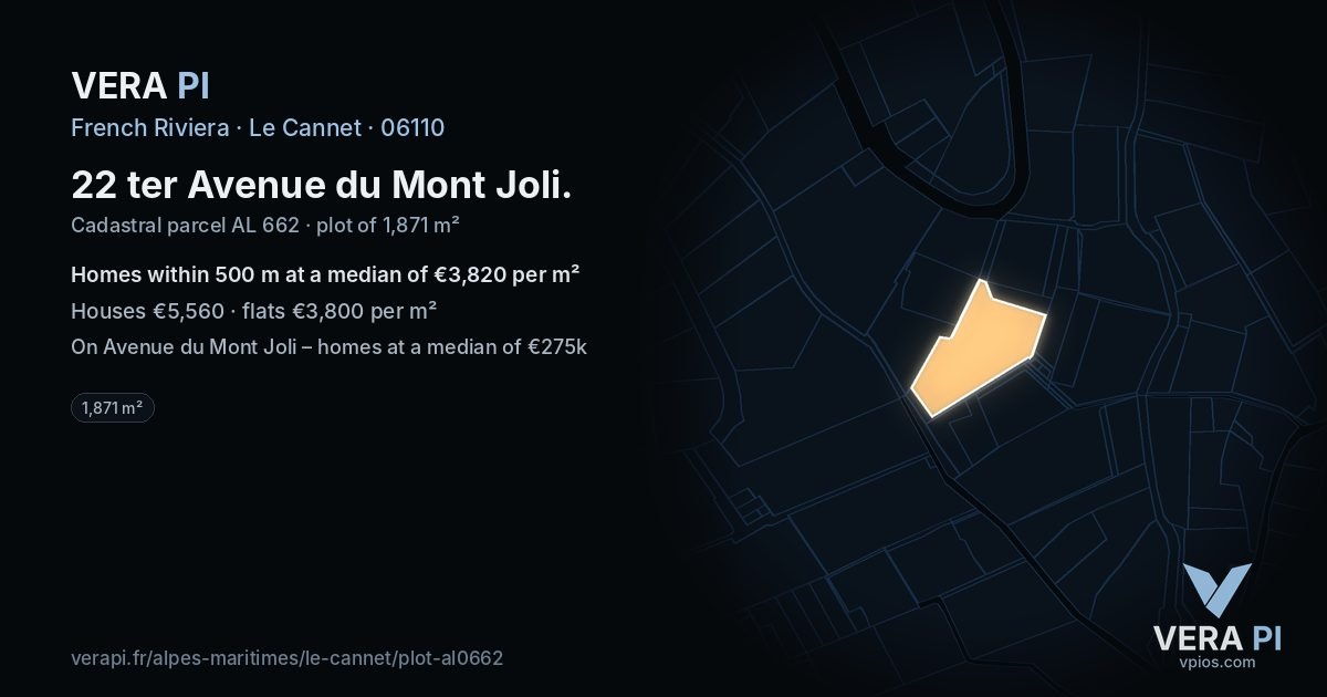 22 ter Avenue du Mont Joli, Le Cannet at night – the plot lit, the parcels around coloured by the prices near them