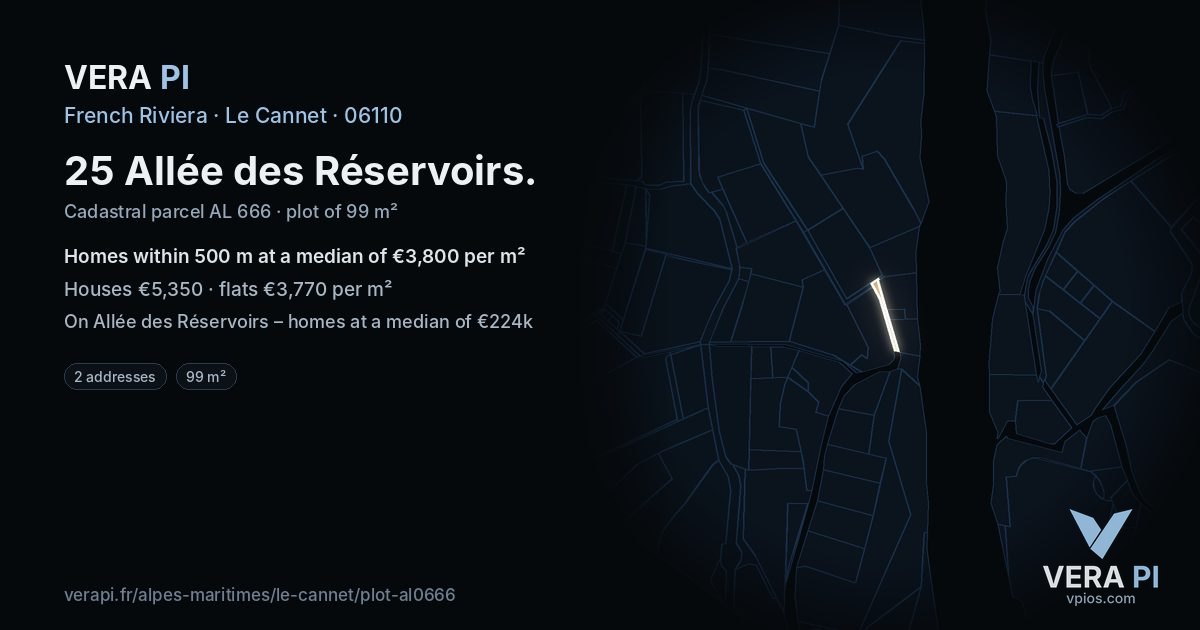 25 Allée des Réservoirs, Le Cannet at night – the plot lit, the parcels around coloured by the prices near them
