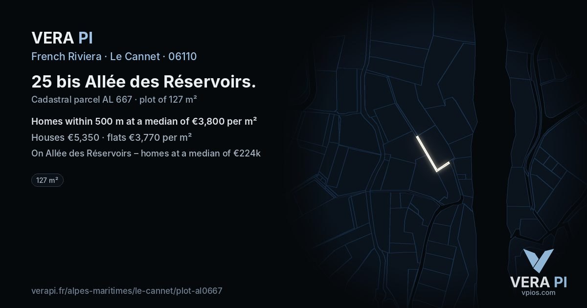 25 bis Allée des Réservoirs, Le Cannet at night – the plot lit, the parcels around coloured by the prices near them